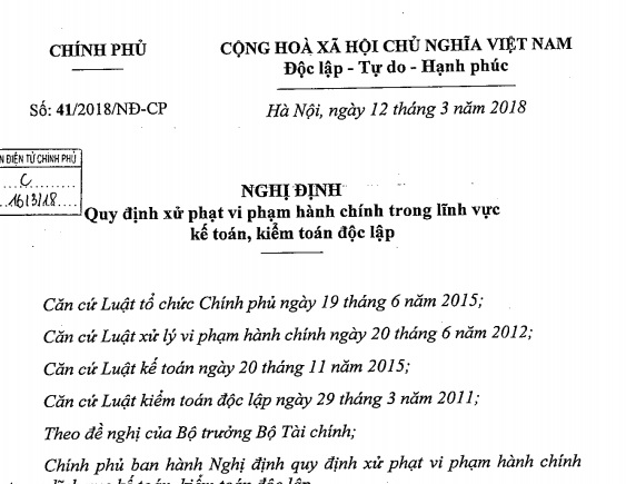NĐ số 41/2018/NĐ-CP:  xử phạt vi phạm hành chính trong lĩnh vực kế toán, kiểm toán độc lập
